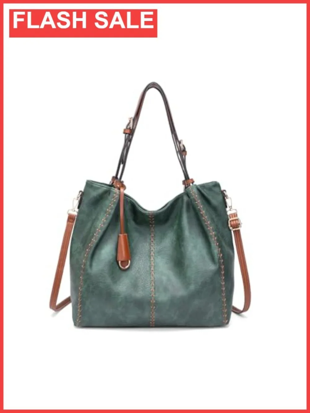 PU Leather Hobo Shoulder Bag Bucket Tote Rivet Detail Purse Adjustable Strap